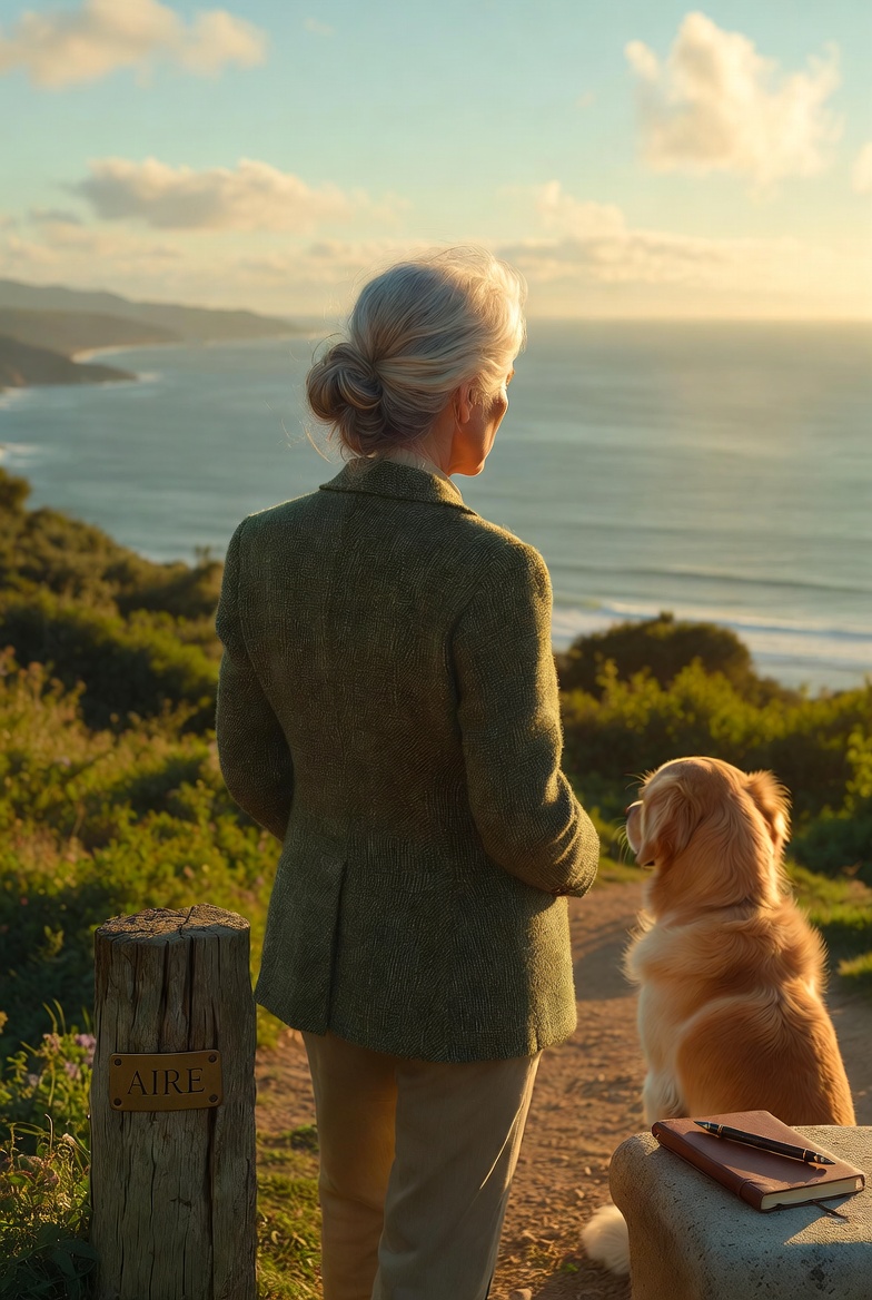Letizia mirando el mar en Punta del Diablo, con su perro y un cuaderno