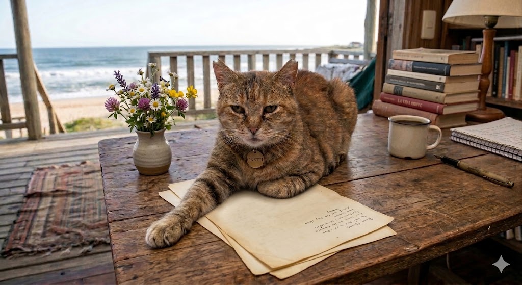 Onetti, gato atigrado sobre manuscritos